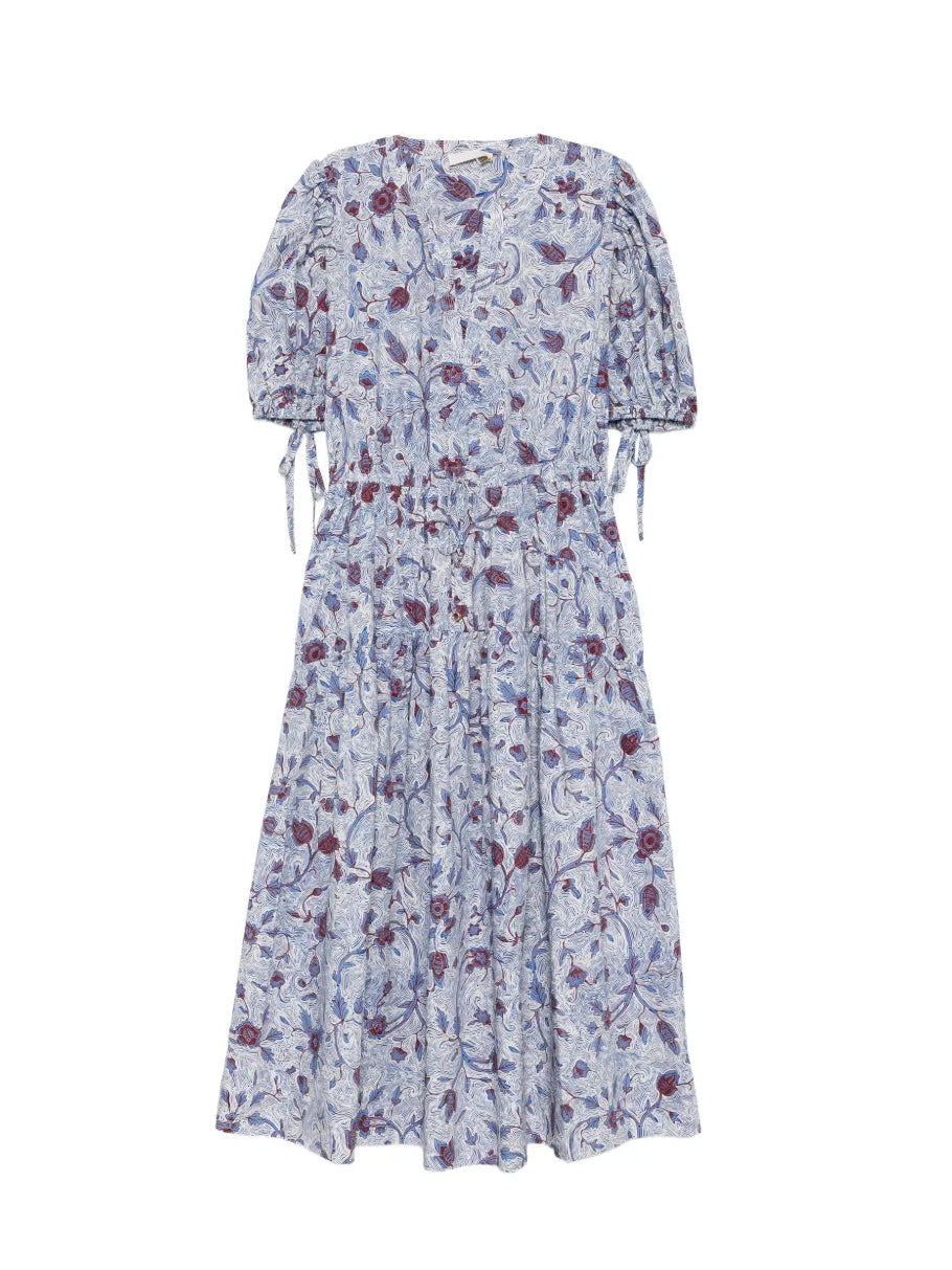 Floral dress with puff sleeves on a white background