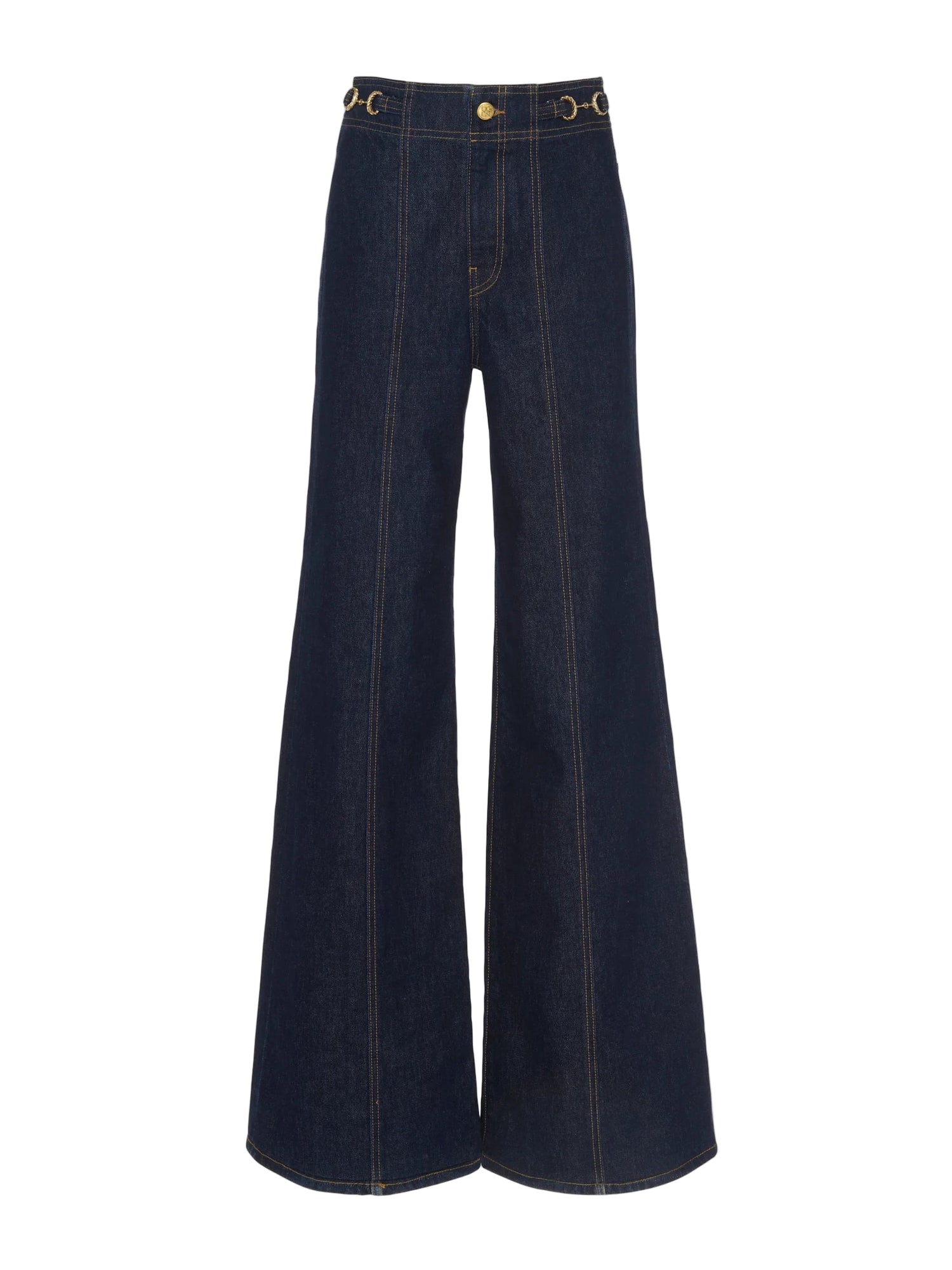Pair of dark blue wide-leg jeans on a white background