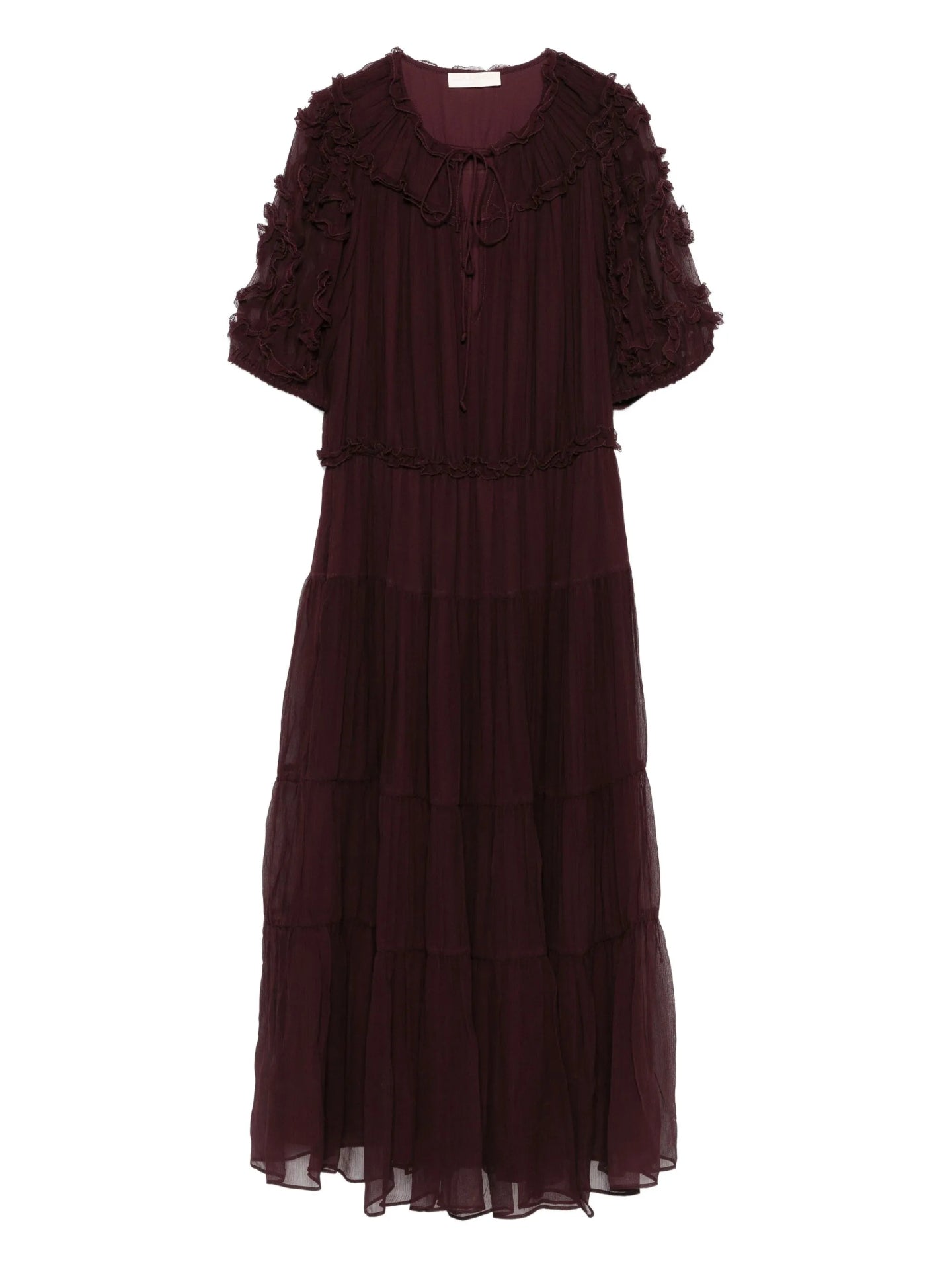Dark red dress with ruffled sleeves on a white background