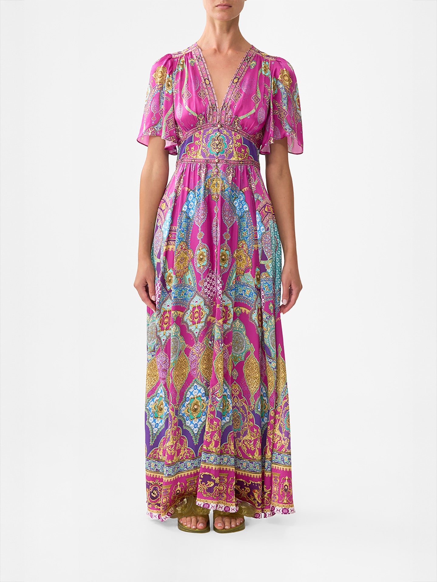 Shaped waistband dress with flutter sleeves