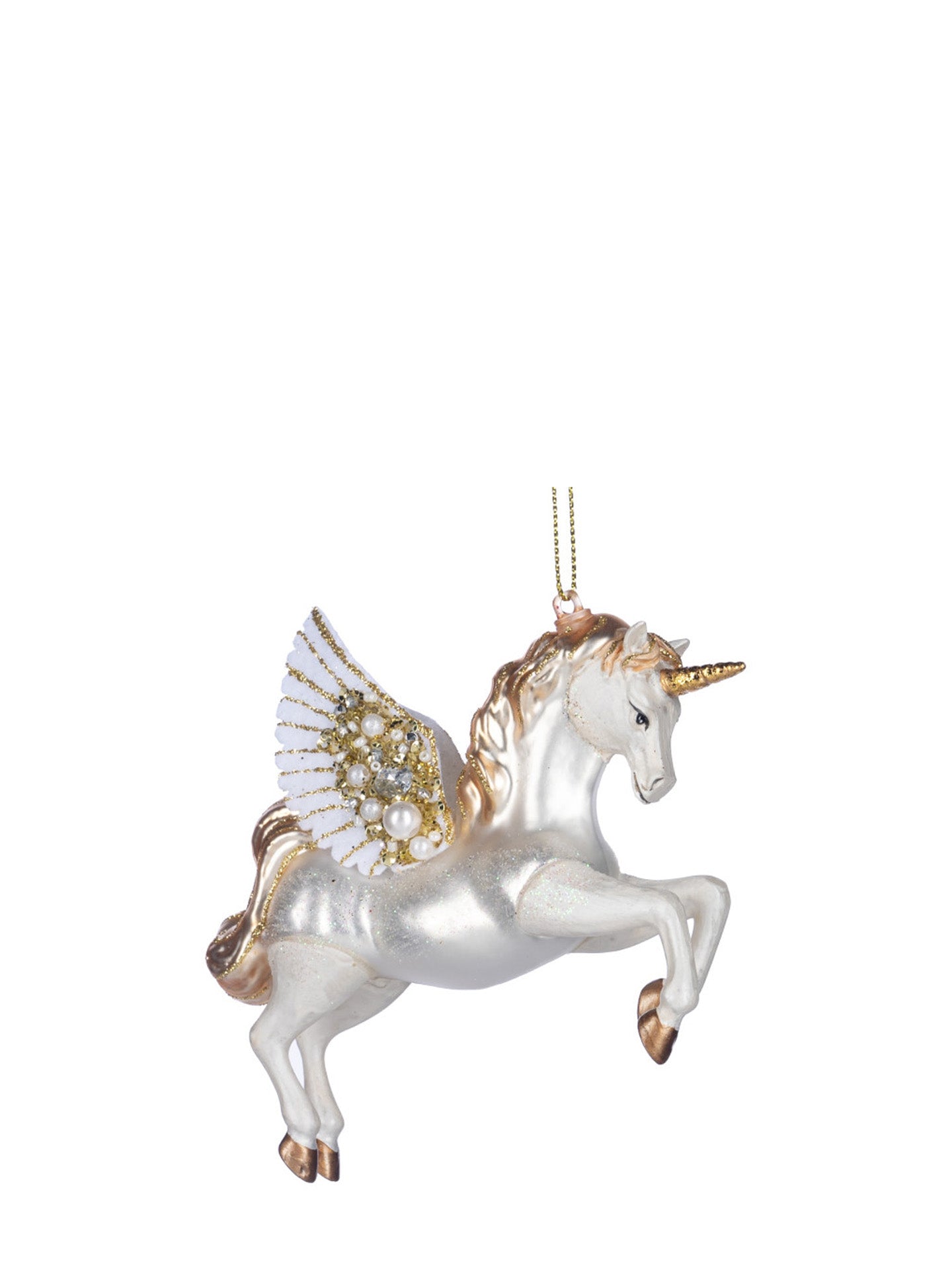 Flying unicorn glass ornament, white and gold