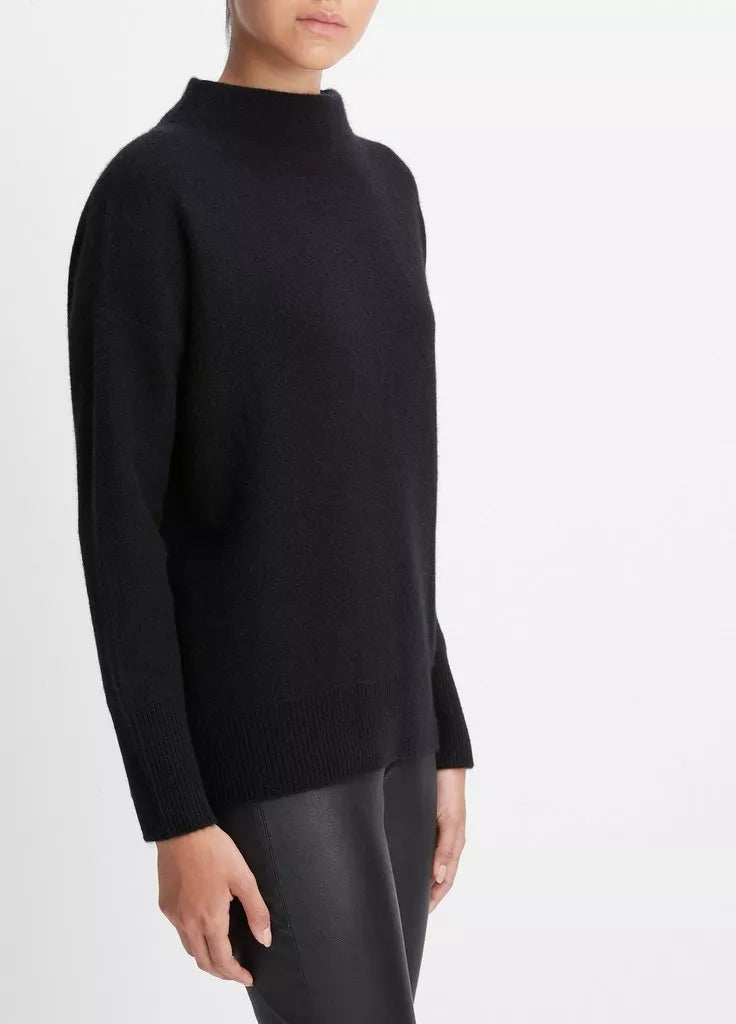 Boiled cashmere funnel neck pullover, black