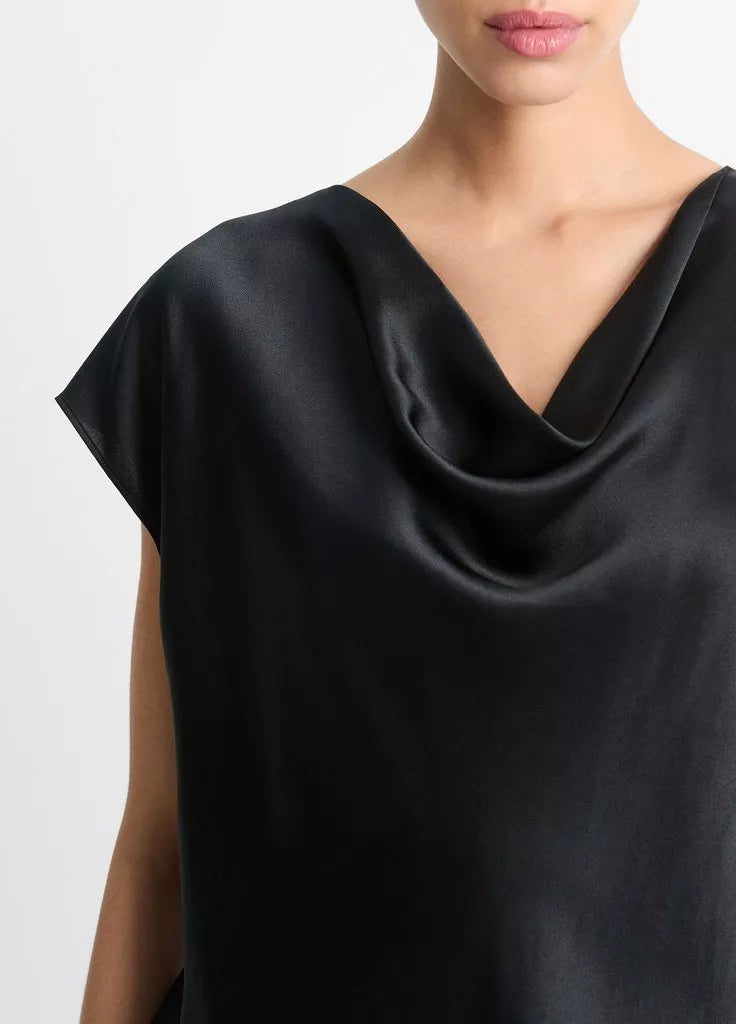 Cowl neck cap sleeve blouse, black