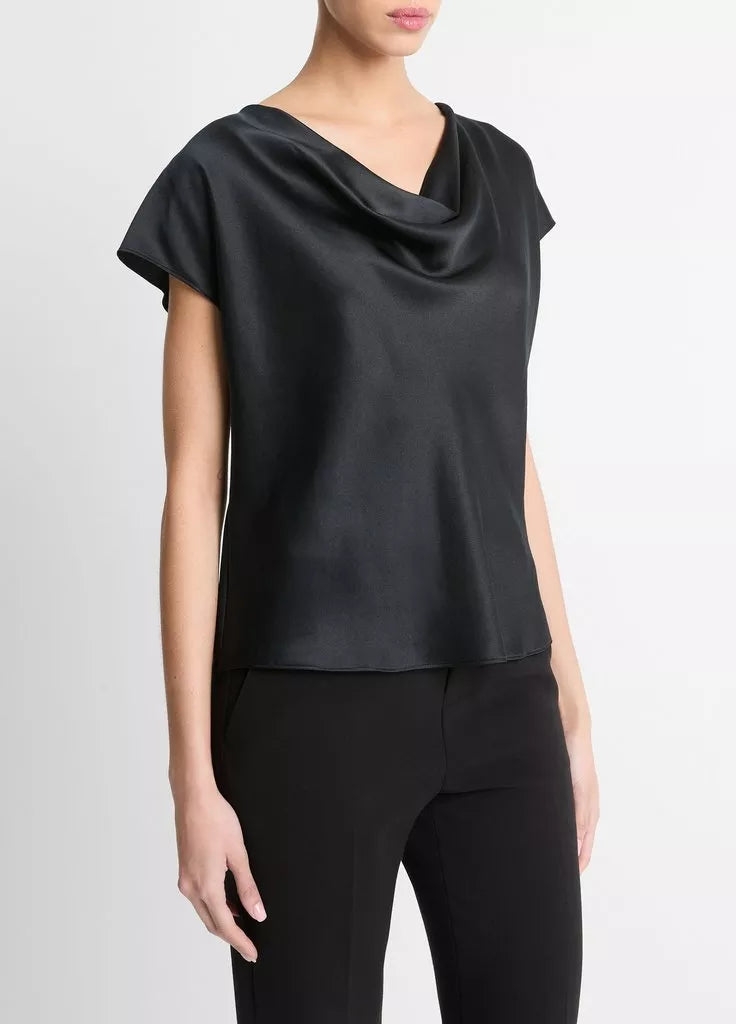 Cowl neck cap sleeve blouse, black