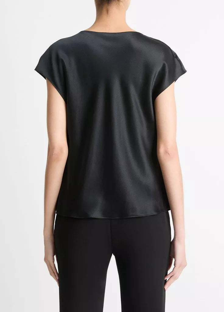 Cowl neck cap sleeve blouse, black