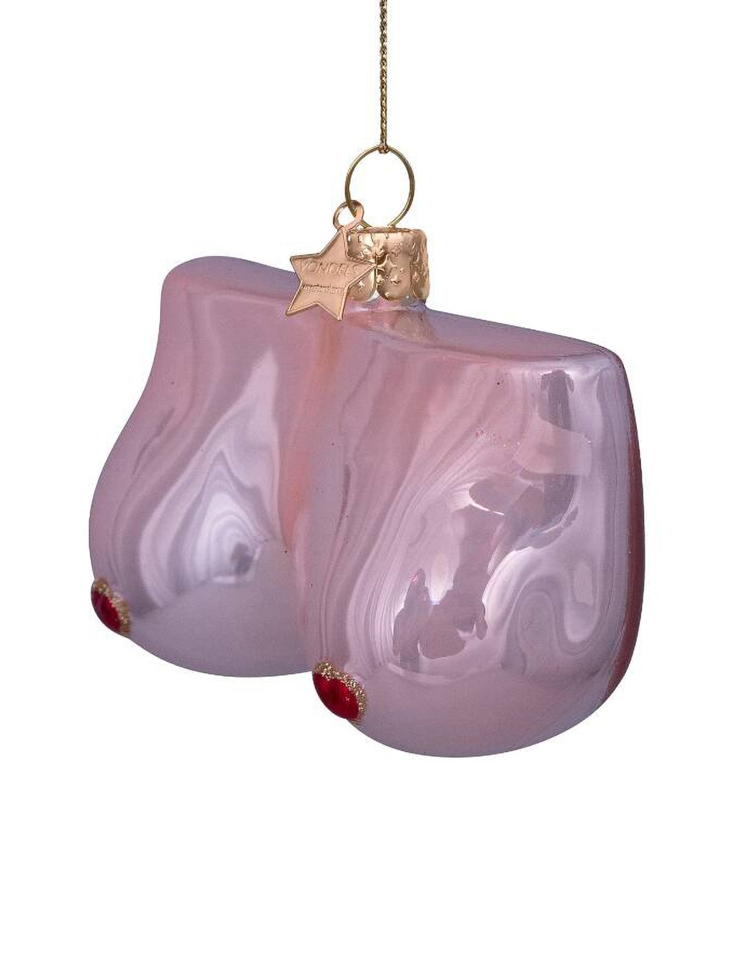 Pink glass ornament with gold star and red berries on a white background