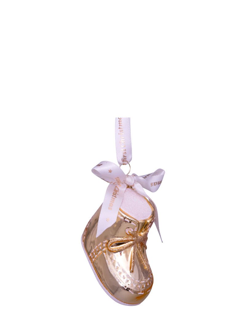 Gold baby's first Christmas shoe glass ornament