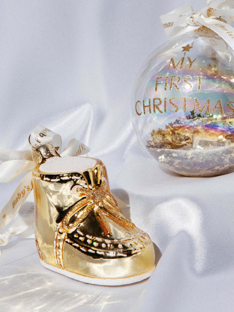 Gold baby's first Christmas shoe glass ornament