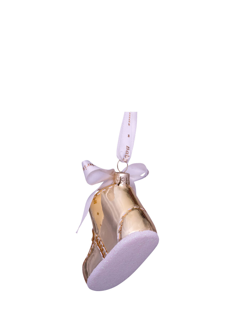 Gold baby's first Christmas shoe glass ornament