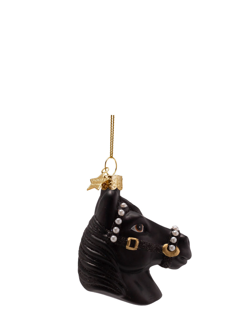 Black horse with pearl halter glass ornament