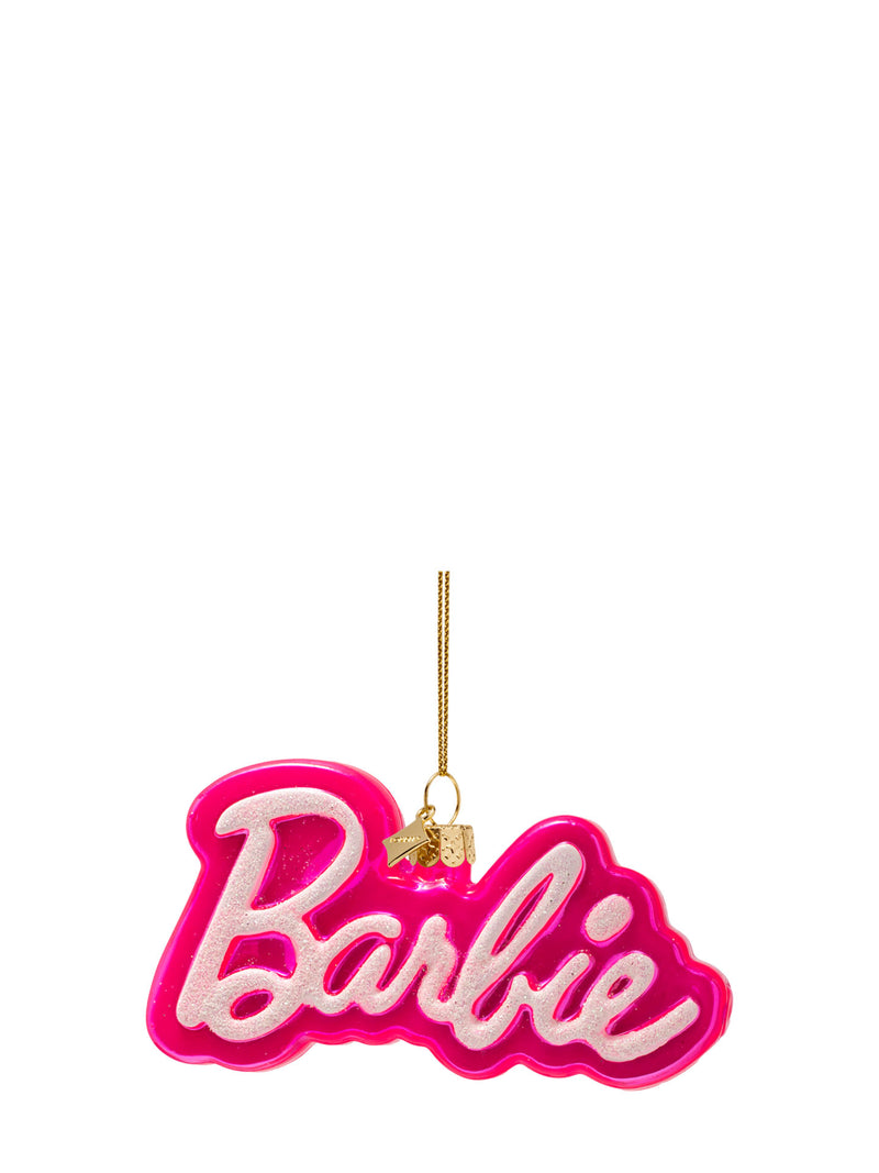 A pink and white Barbie logo ornament with a gold hanging string, shown against a plain white background.