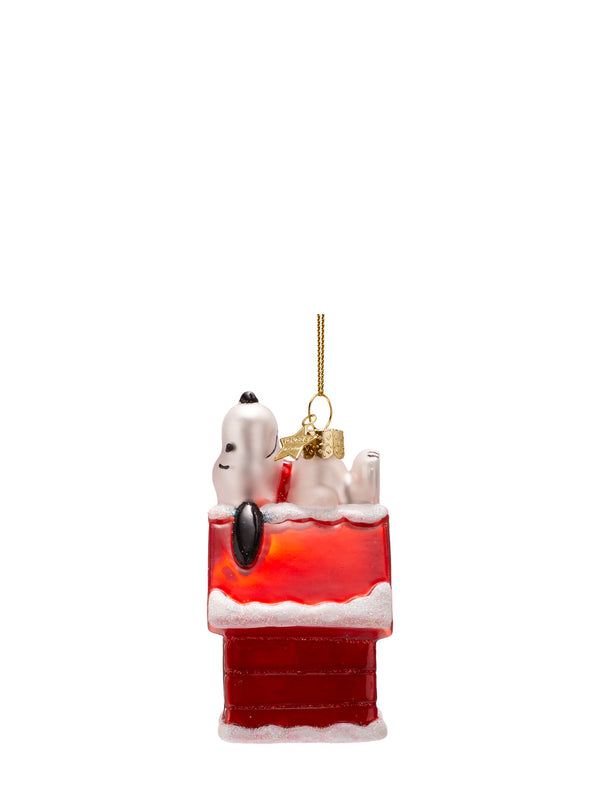Snoopy laying on Peanuts doghouse glass ornament