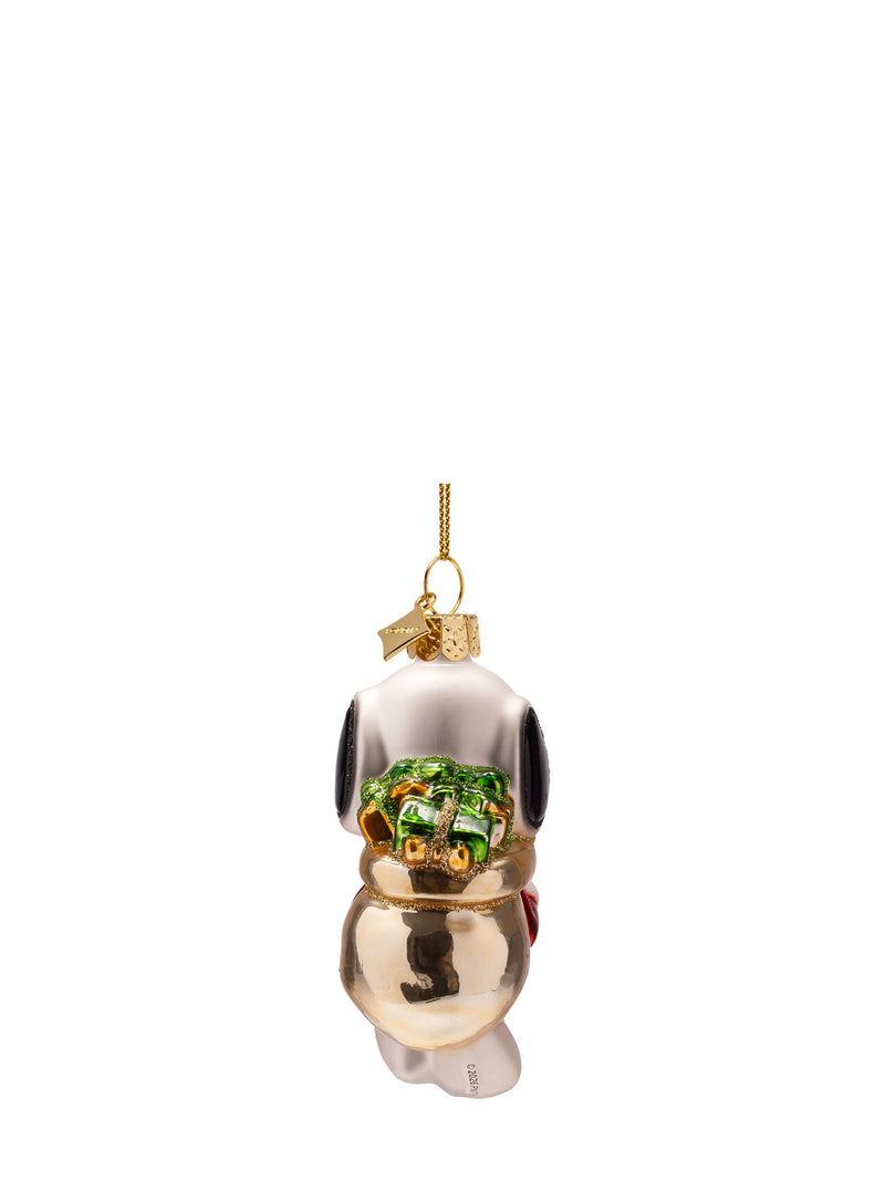 Snoopy with gifts in bag glass ornament