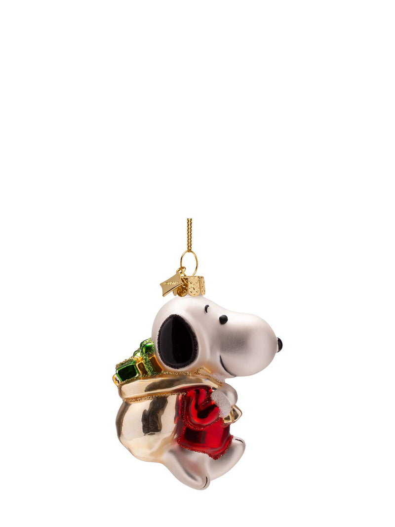 Snoopy with gifts in bag glass ornament