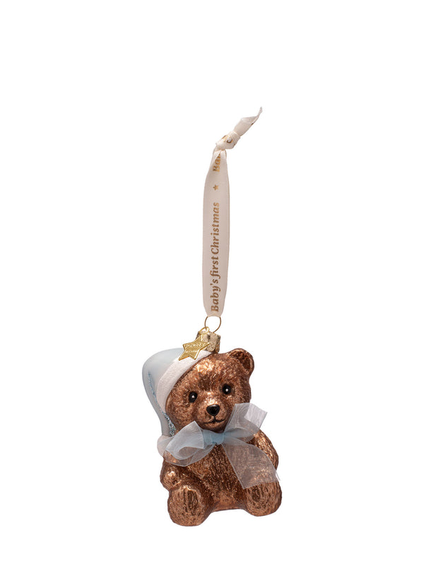 Baby's first Christmas bear glass ornament, blue