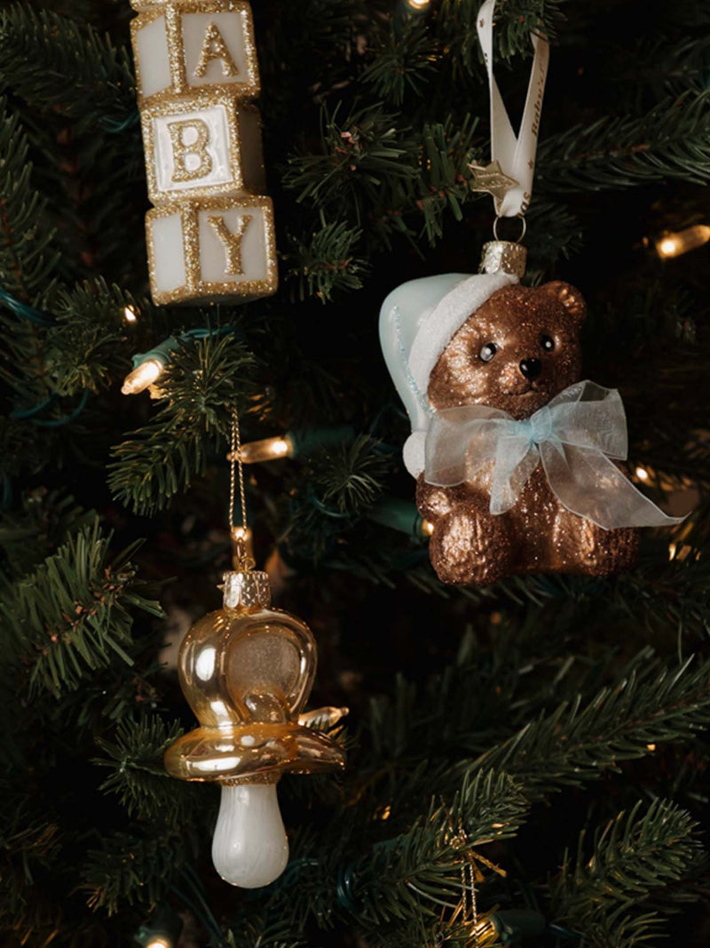 Baby's first Christmas bear glass ornament, blue