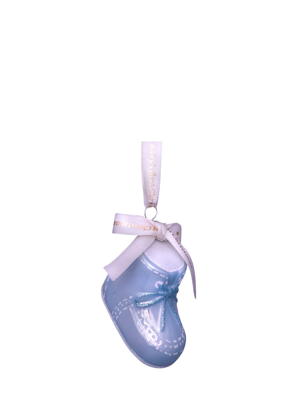 Blue baby's first Christmas shoe glass ornament