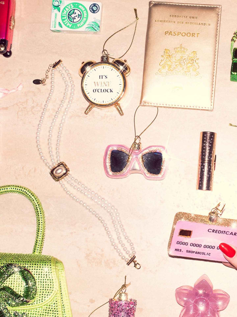 Wine o'clock alarm clock glass ornament