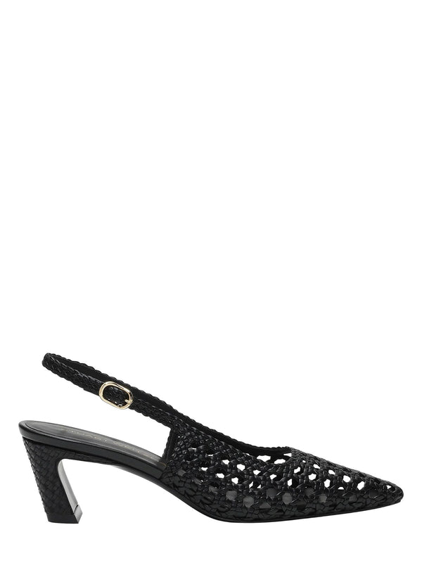 Black open-toe sandal with slingback design on a white background