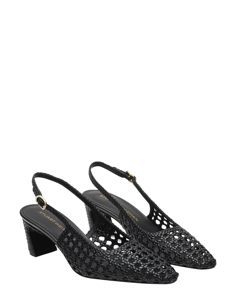 Black open-toe shoes with cut-out design on a white background