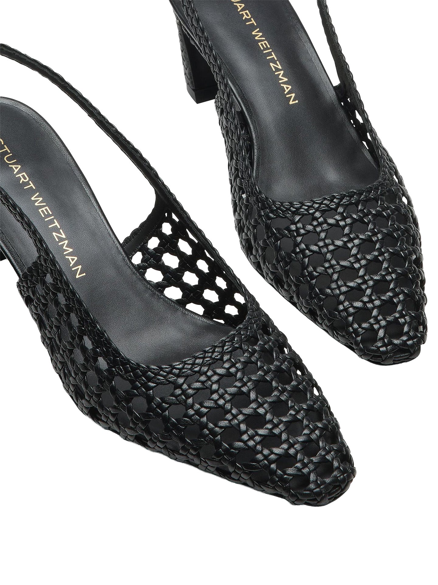 Black woven high-heeled shoes with 'Stuart Weitzman' branding on a white background