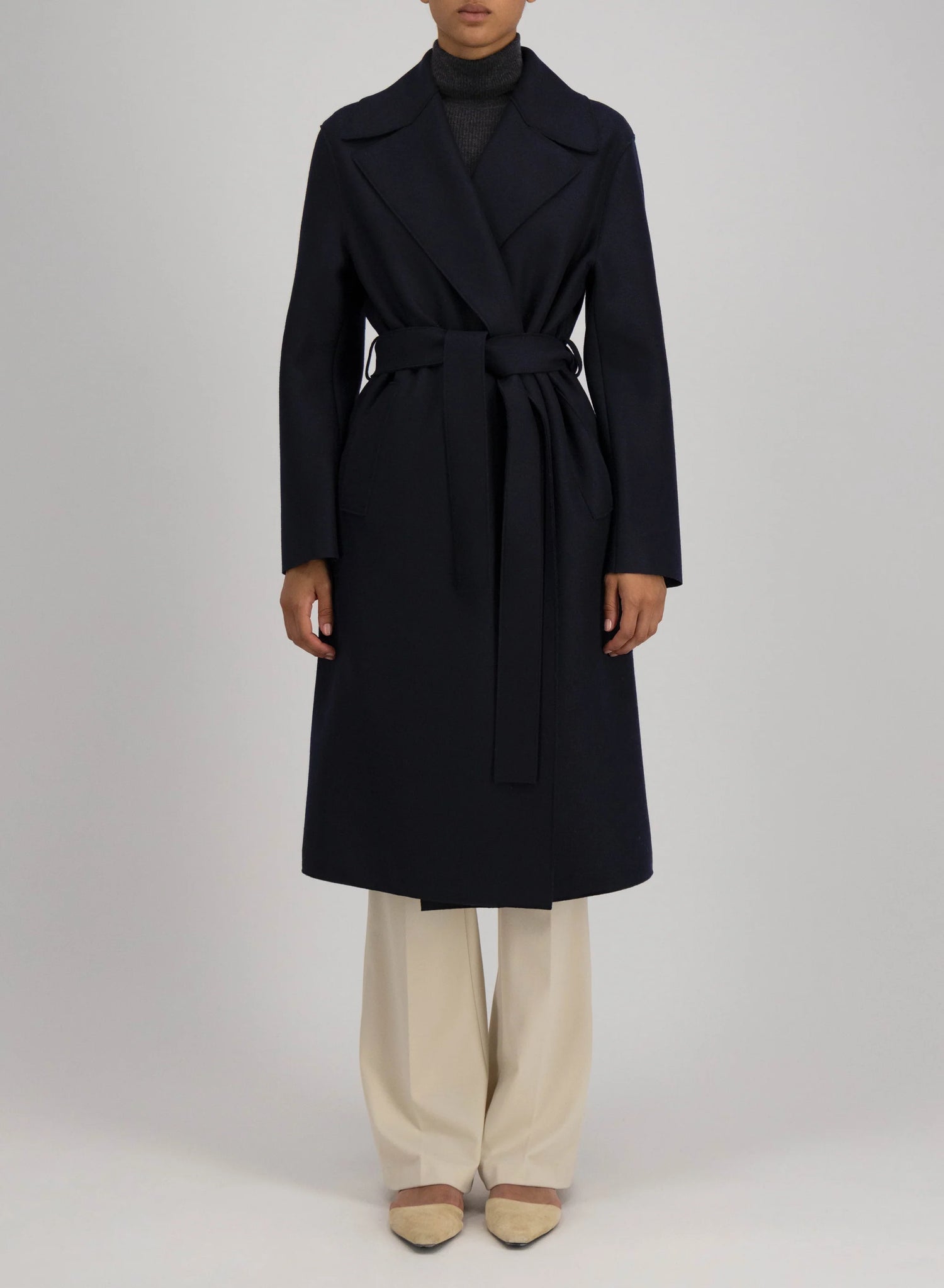 Women belted long d.b coat pressed wool and polaire, black