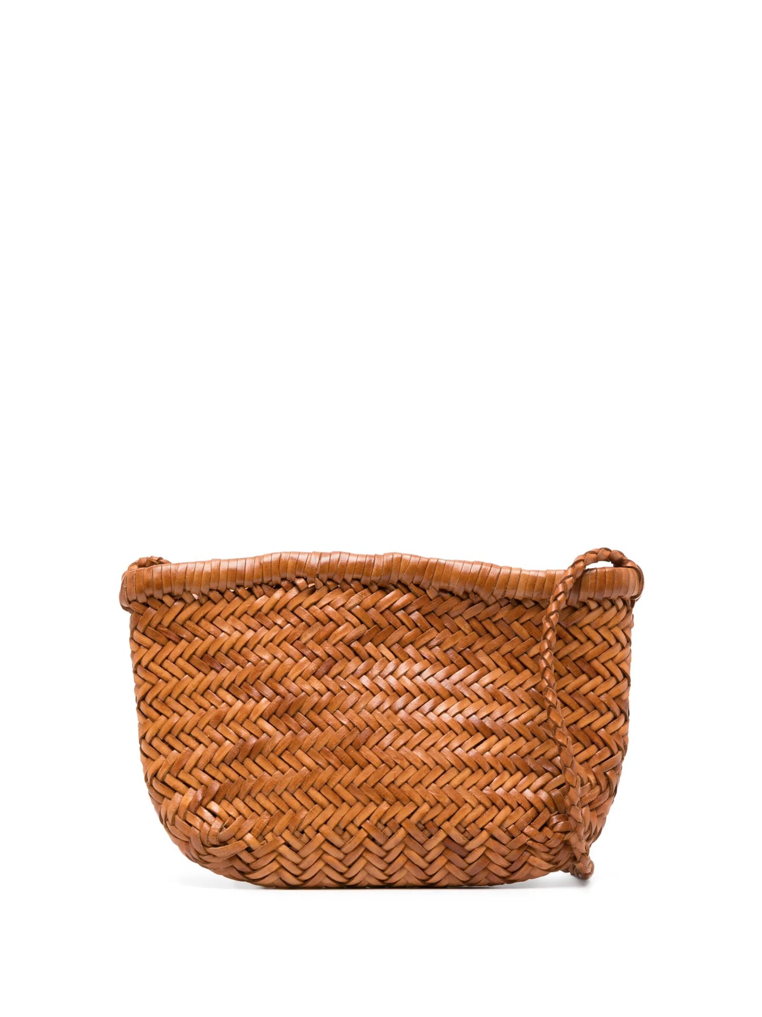 Woven brown leather bag on a white background
