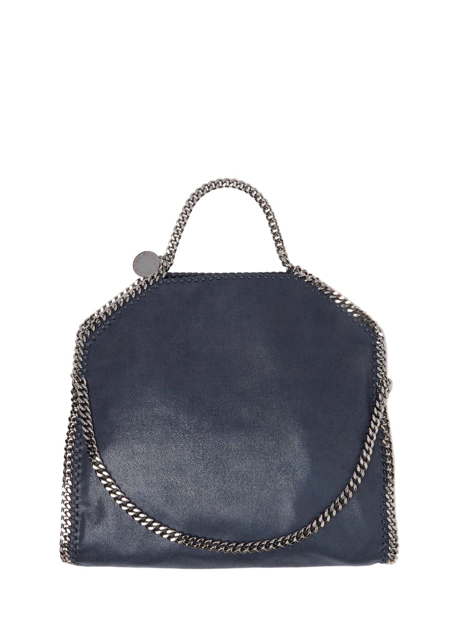 Dark blue handbag with chain detail on a white background