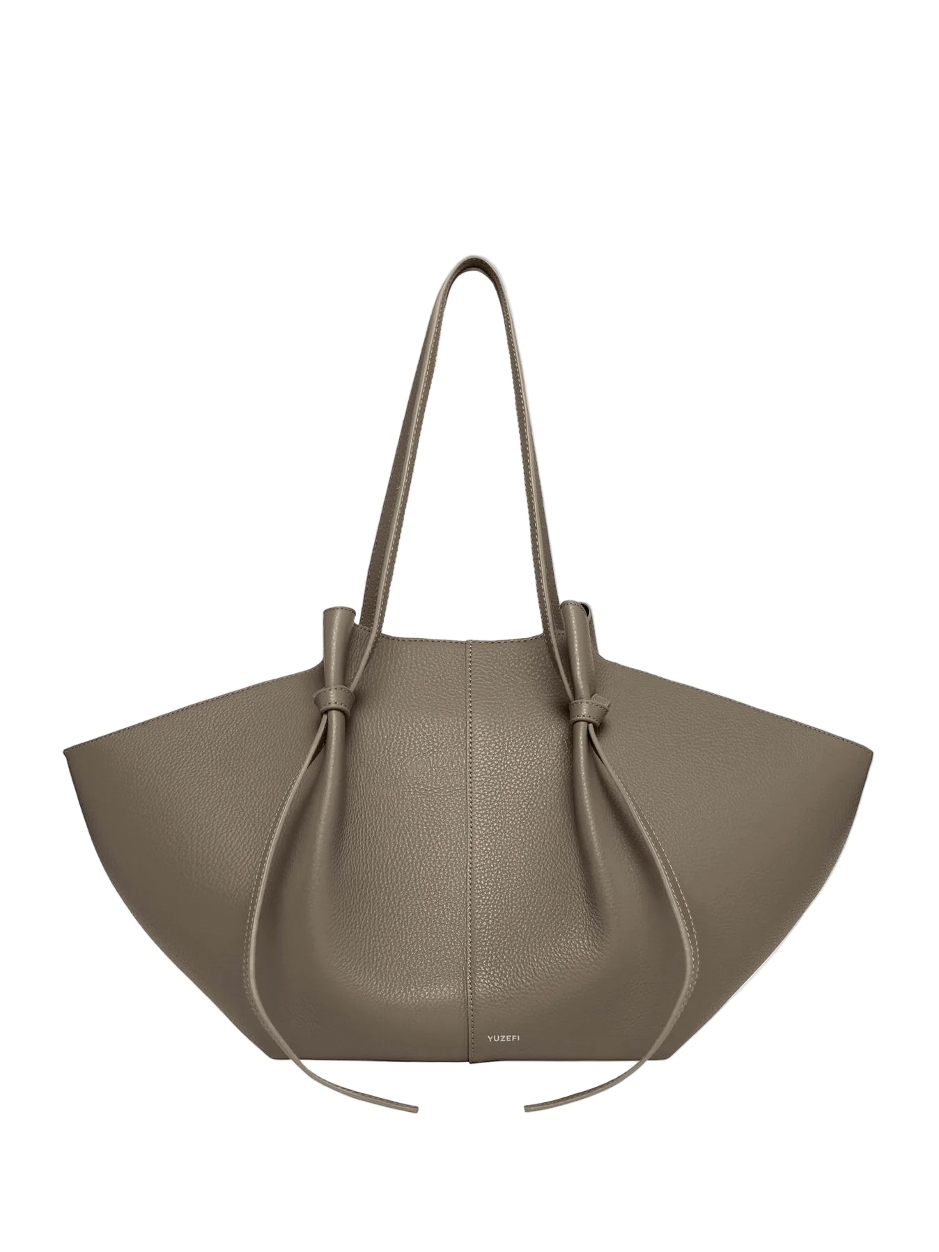 Yuzefi's taupe leather handbag with drawstring on a white background