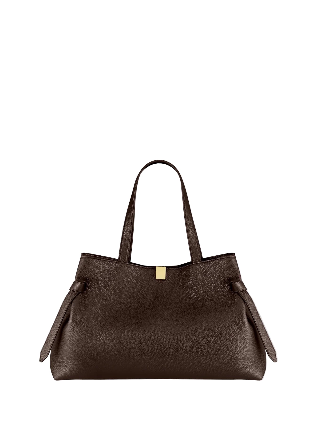 Yuzefi's brown handbag with a gold clasp on a white background