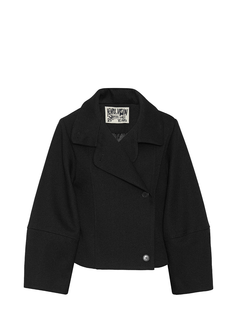 A black cropped double-breasted jacket with a notched lapel collar 