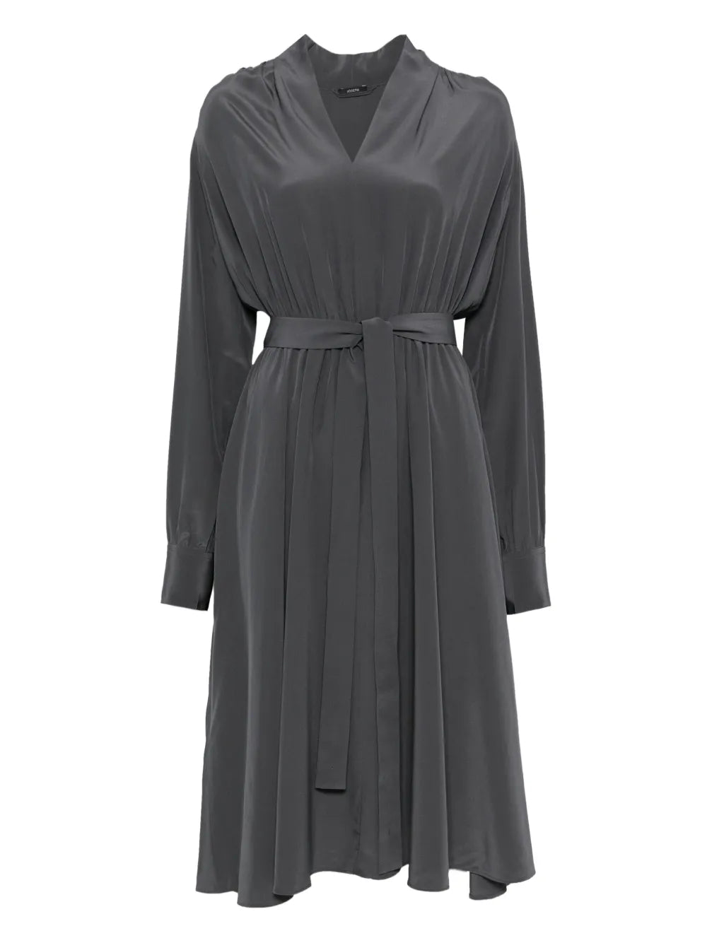 Gray dress with long sleeves and a belt on a white background