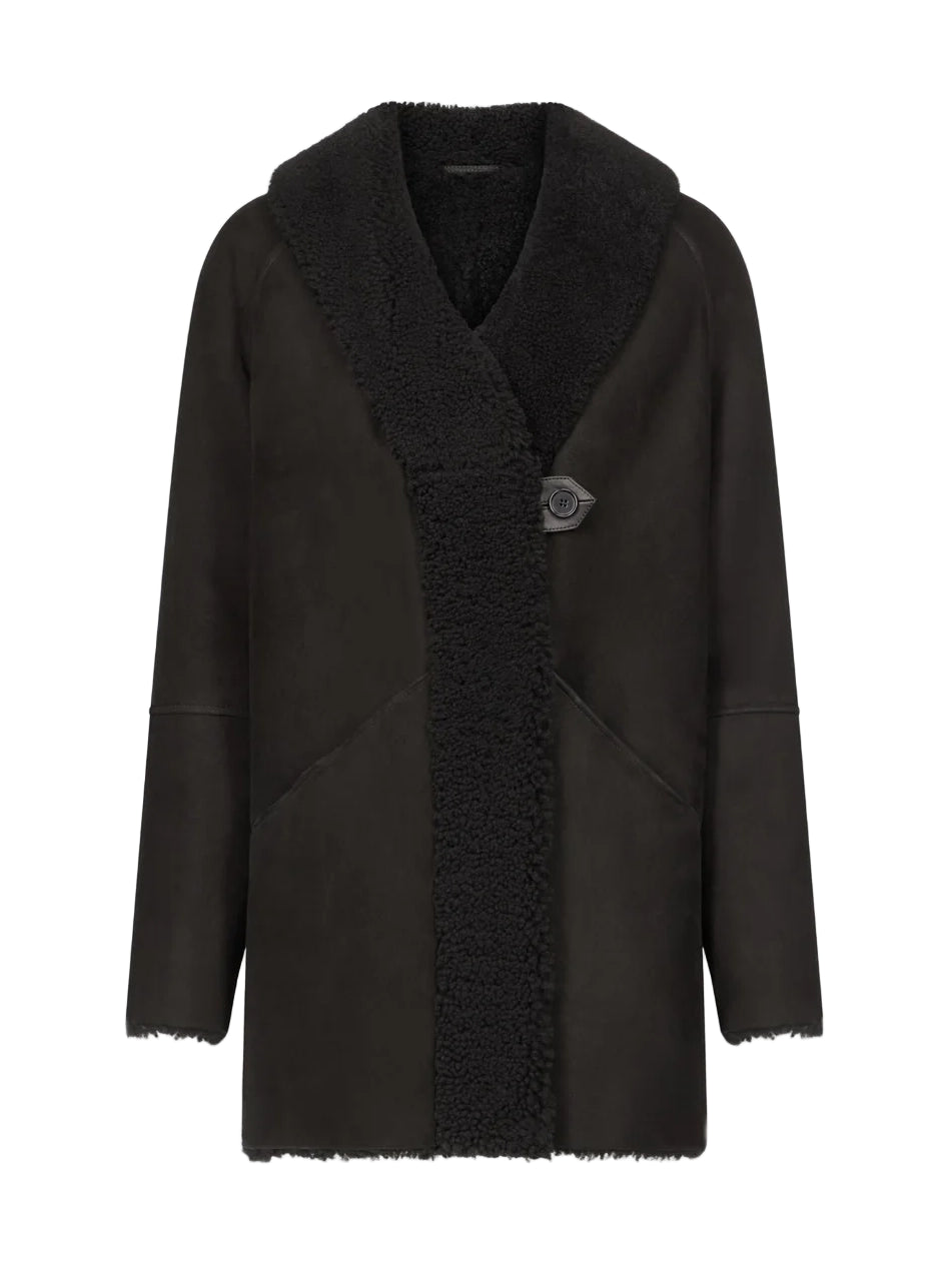 Black coat with shearling collar on a white background