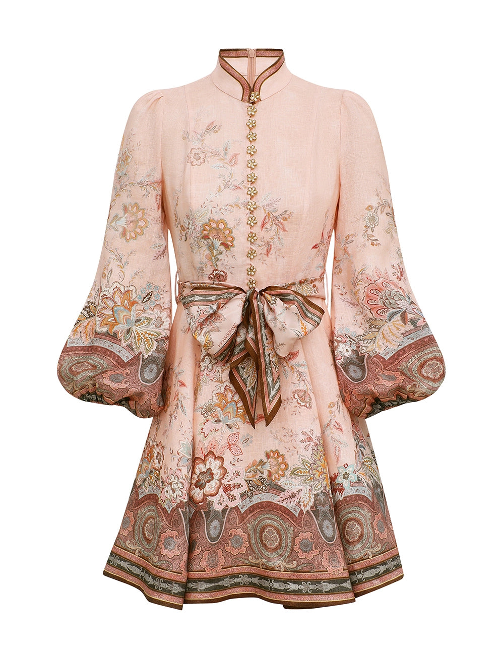 Elegant dress with floral and paisley patterns on a white background