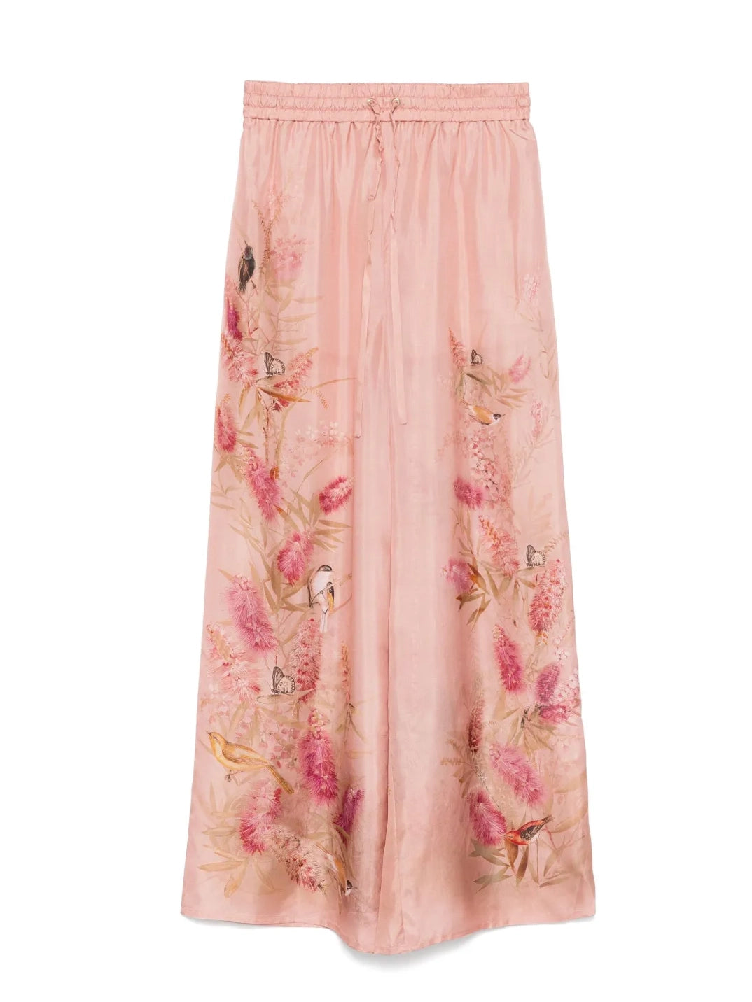 Pink floral and bird patterned skirt on a white background
