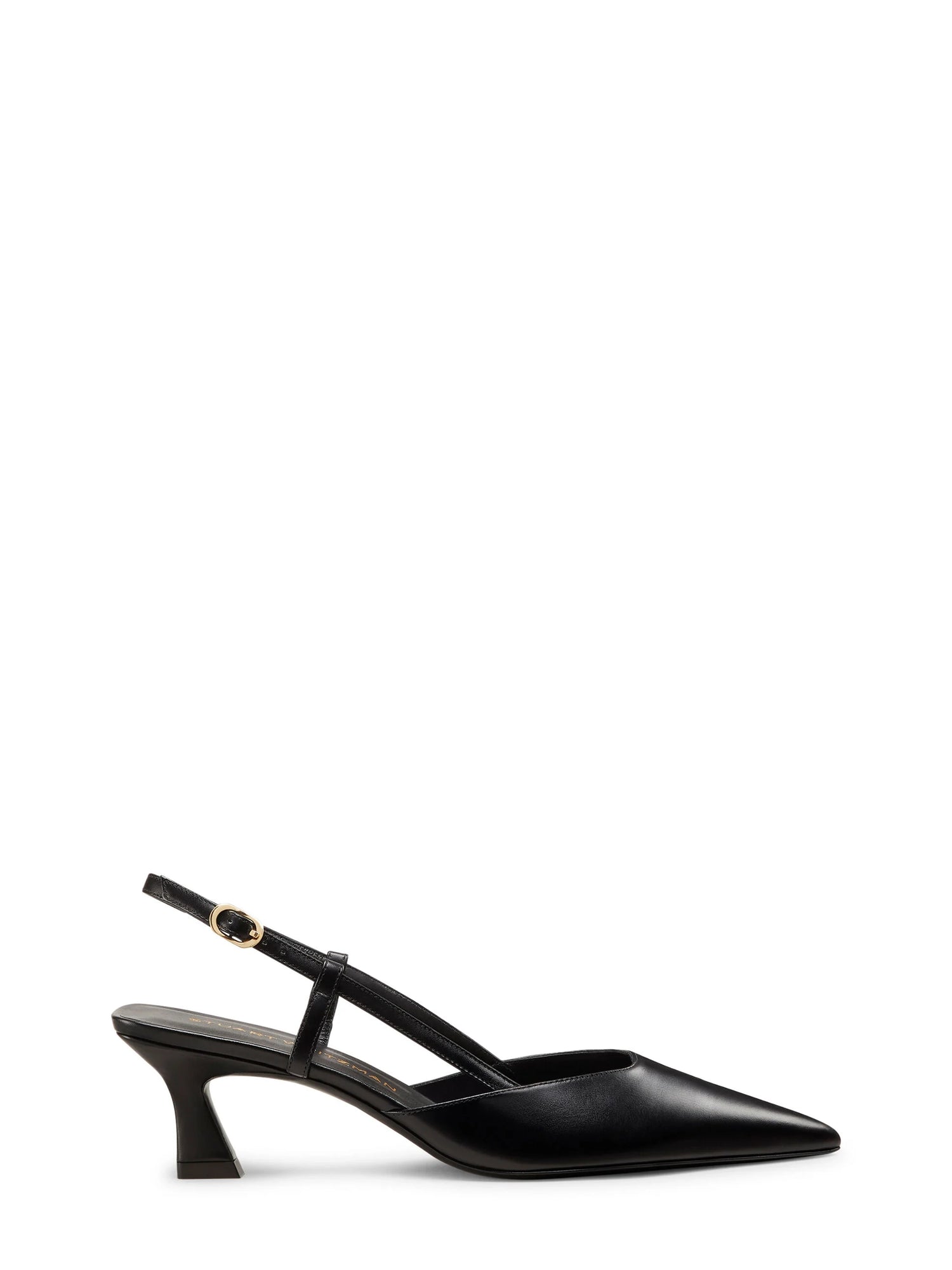 A black pointed-toe slingback heel with a 50mm heel height, featuring a buckle ankle strap.