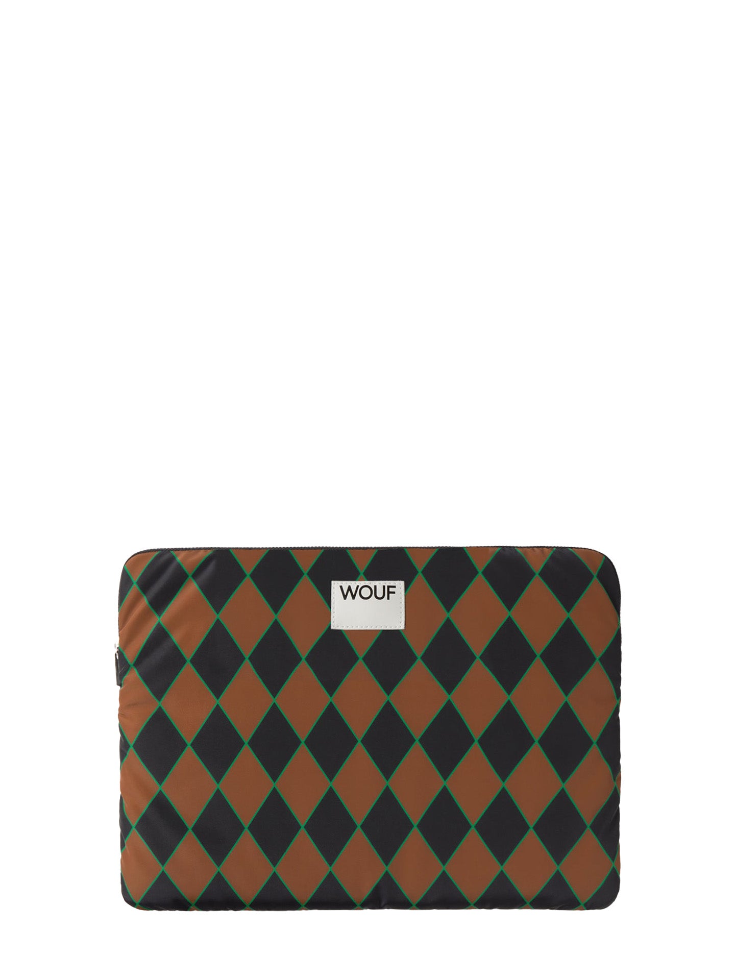 Harlequin patterned laptop sleeve with WOUF branding on a white background