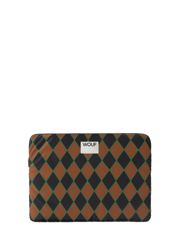 Harlequin patterned laptop sleeve with WOUF branding on a white background