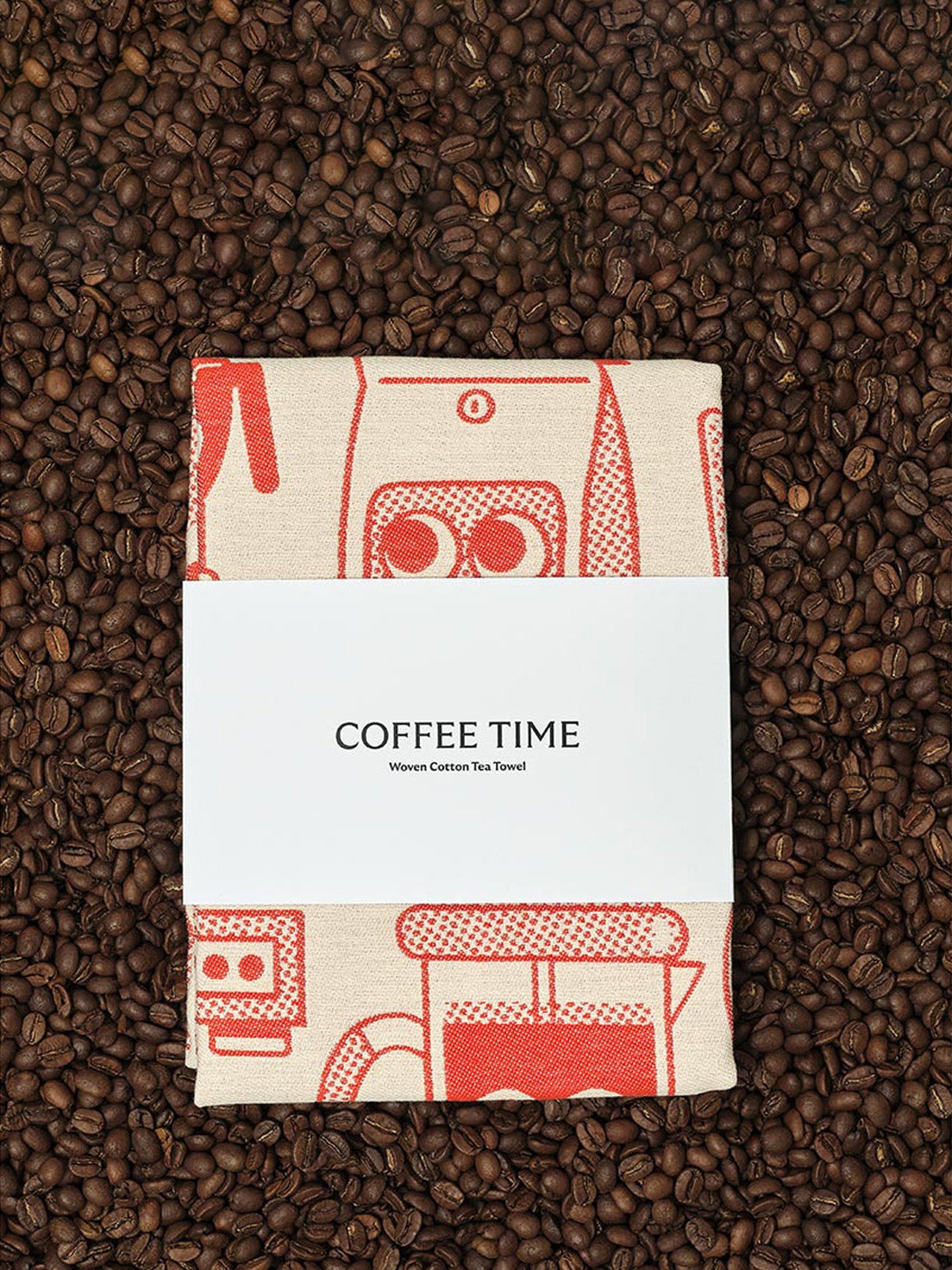 Coffee time tea towel, red and beige