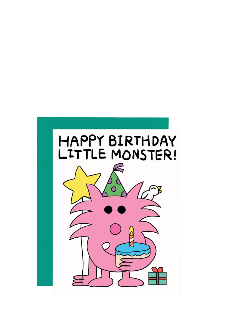 Birthday card with a pink monster holding a cake and gift, text 'Happy Birthday Little Monster!' on a white background.