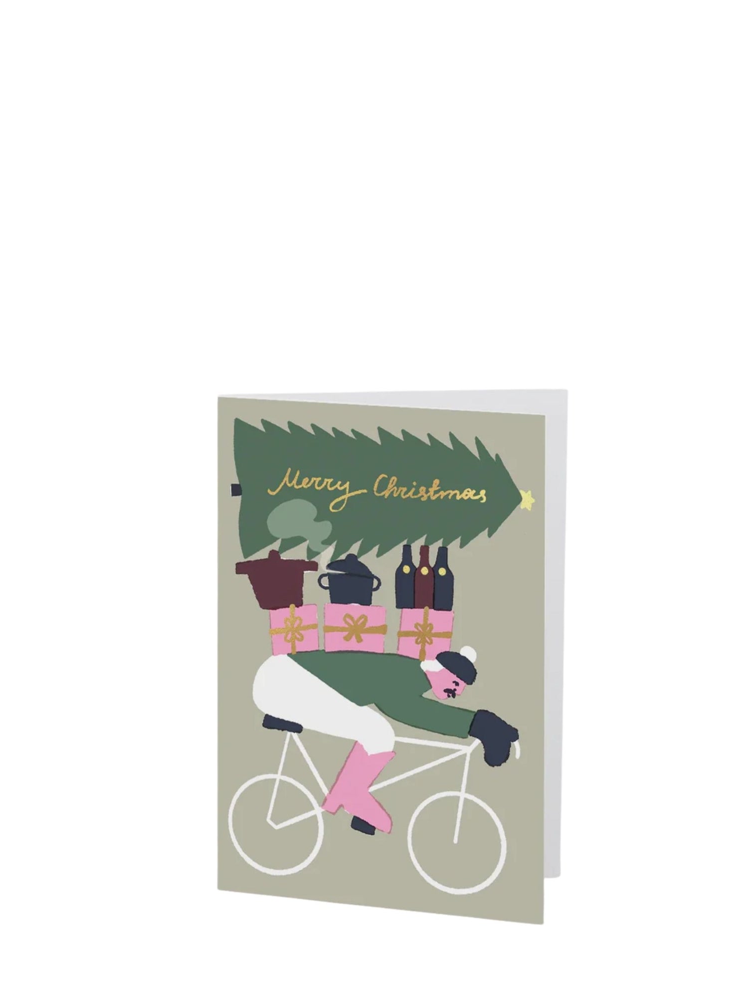 Greeting card with illustration of people on a bike carrying a Christmas tree, text 'Merry Christmas'.