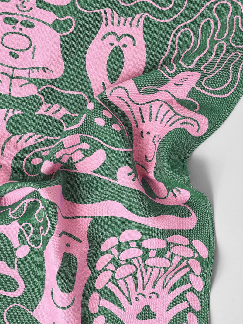 Mushrooms tea towel, pink and dark green
