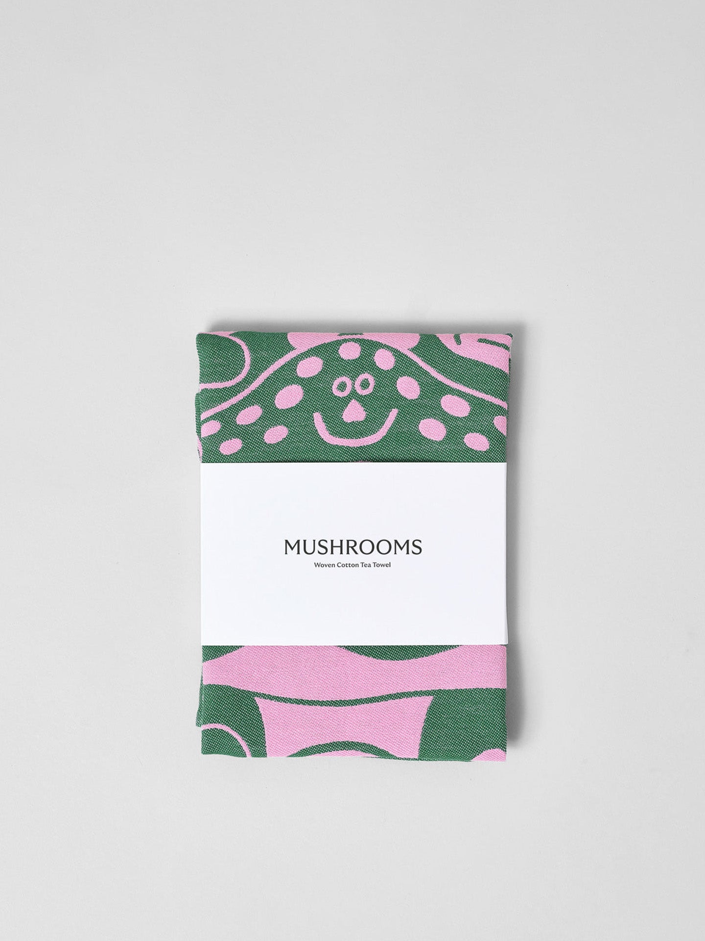 Mushrooms tea towel, pink and dark green