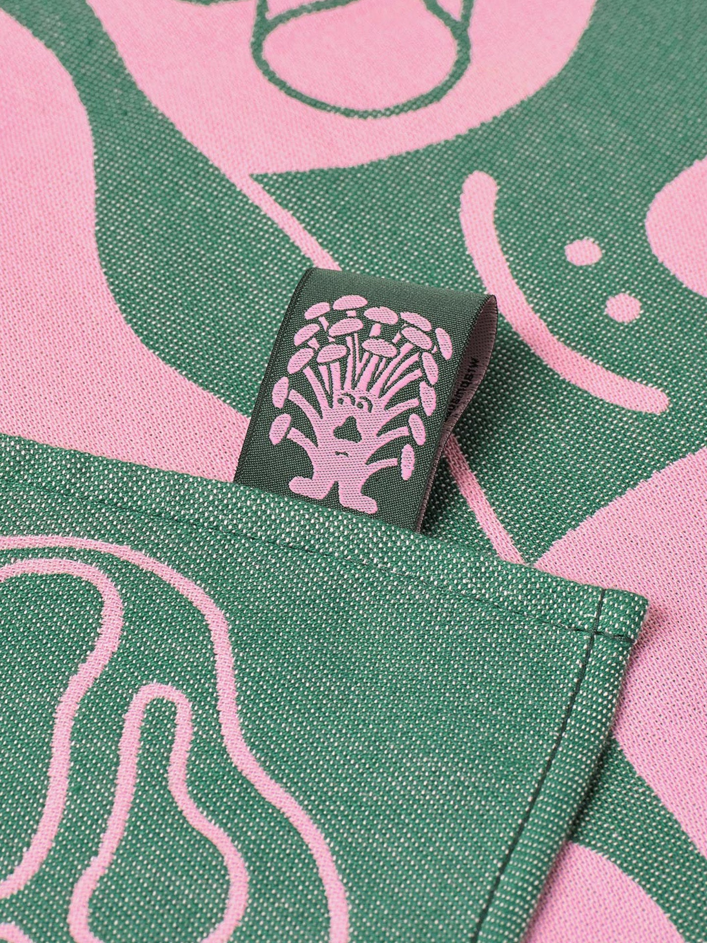 Mushrooms tea towel, pink and dark green