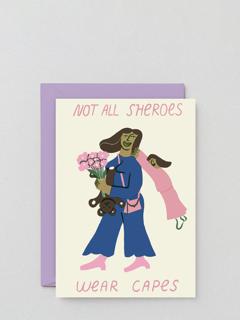 Card with illustration of a woman holding flowers and a coat, with text 'Not all heroes wear capes' on a light purple background.