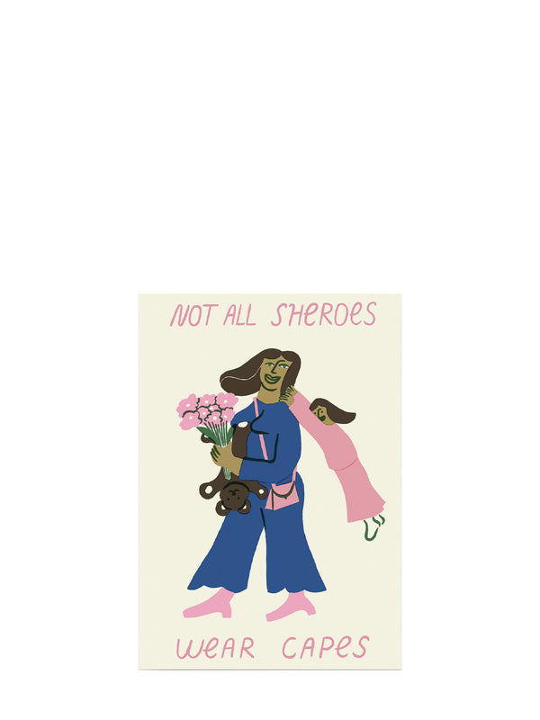 Illustration of a person holding flowers with text 'Not all heroes wear capes' on a beige background