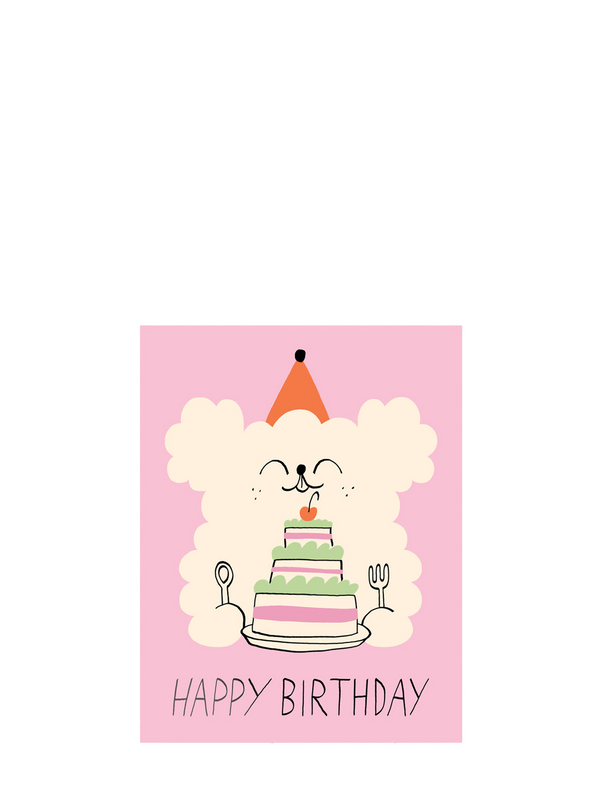 Illustrated birthday card with a cartoon dog wearing a party hat and a birthday cake with the text 'Happy Birthday' on a pink background.