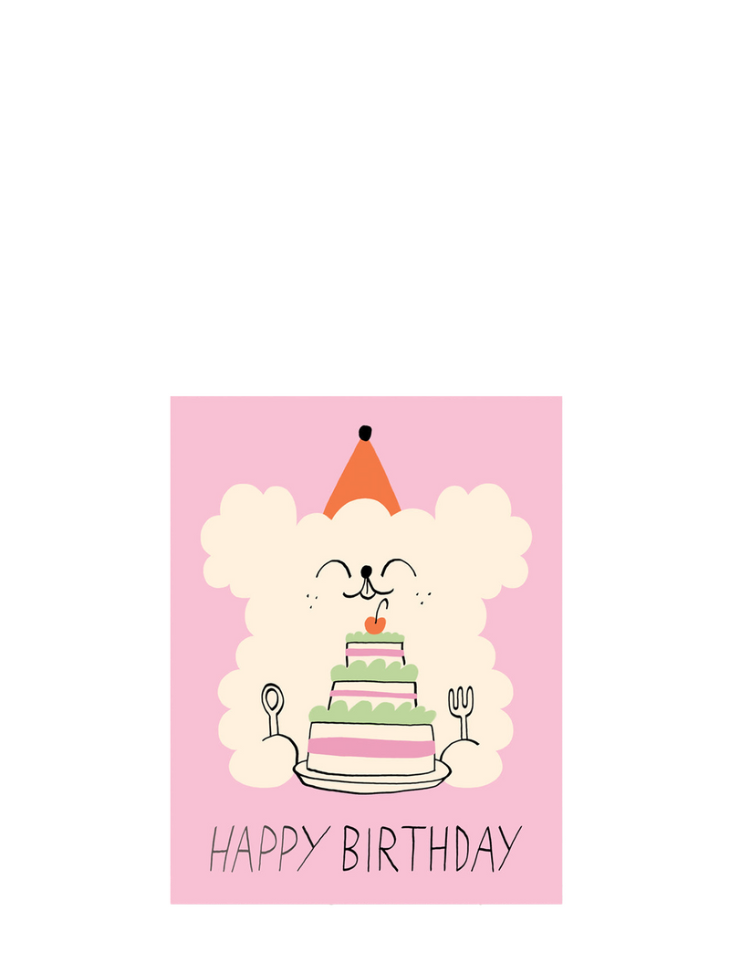 Illustrated birthday card with a cartoon dog wearing a party hat and a birthday cake with the text 'Happy Birthday' on a pink background.