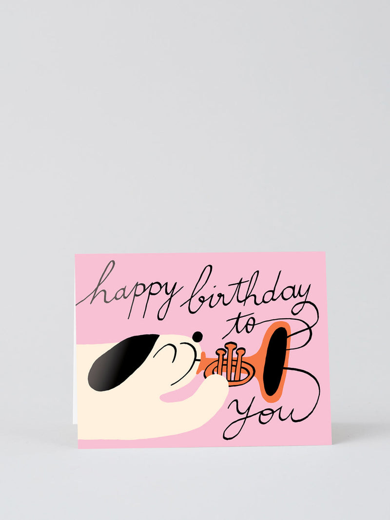 Happy birthday to you dog & trumpet, birthday card