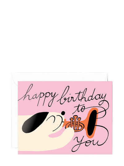 Happy birthday to you dog & trumpet, birthday card